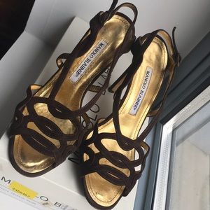 Chocolate brown suede Manolo sandals